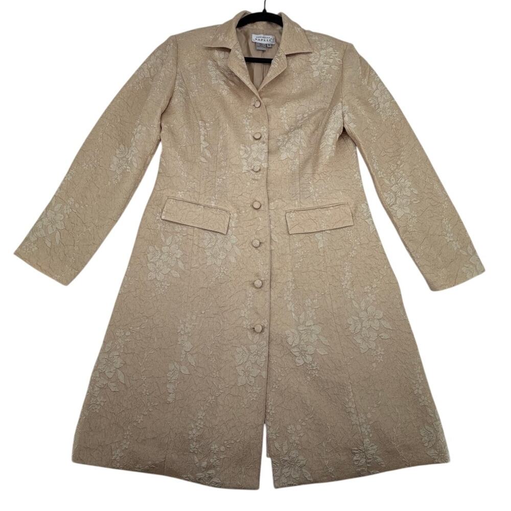 Adrianna Papell Tan Jacquard Brocade Party Business Lined Long Blazer Jacket 10 - Picture 3 of 10